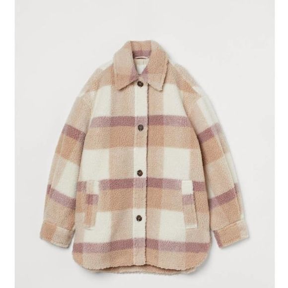 H&M Plaid Pastel Colors Faux Shearling Jacket Lined Warm - Picture 11 of 14